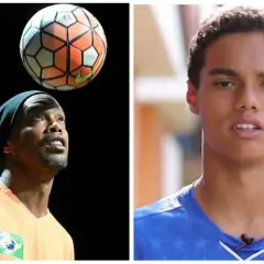Ronaldinho z piłką nad głową i jego syn. Ile dzieci ma Ronaldinho? Dwoje.