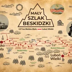 Mapa przedstawia mały szlak beskidzki, jego etapy i miejscowości od Bielska-Białej do Lubonia Wielkiego.