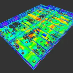 Trójwymiarowy model hali produkcyjnej z zaznaczonymi strefami. Kolory wskazują na różne parametry, np. temperaturę lub natężenie światła.