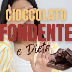 Cioccolato fondente e dieta: una donna con la mano alzata, come per dire di no, accanto a una pila di tavolette di cioccolato fondente.