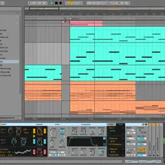 Un logiciel de mixage DJ affiche une grille de composition musicale avec des pistes de basse et de synthé. Des notes MIDI sont visibles, prêtes à être arrangées.