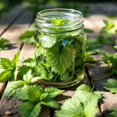 Bocal rempli d'orties, prêt à devenir un purin d'ortie efficace contre les pucerons. Des feuilles d'ortie parsèment la table en bois.