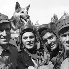 Czterej pancerni i pies: Janek, Gustaw, Grześ, Olgierd i Szarik pozują do zdjęcia.