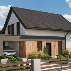 Nowoczesny dom piętrowy z garażem, drewnianą elewacją i zadbanym ogrodem. Szacowany koszt budowy domu piętrowego jest wysoki.