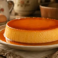 Delicioso flan de huevo casero con caramelo líquido, listo para disfrutar. Huevos frescos en el fondo.