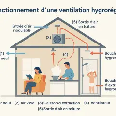 Schéma d'une ventilation hygroréglable gérant la climatisation et l'humidité. L'air neuf entre, l'air vicié est extrait, notamment de la salle de bain.