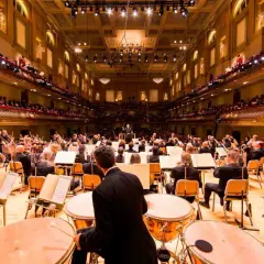 Un orchestre symphonique interprète de la musique classique moderne dans une salle de concert ornée, avec des musiciens jouant de divers instruments.