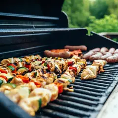 Brochettes de poulet et légumes, saucisses en train de griller sur un barbecue, parfait pour une soirée barbecue d'été.