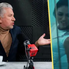 Mężczyzna w garniturze i golfie rozmawia przy mikrofonie, obok fragment teledysku z Nataszą Urbańską.
