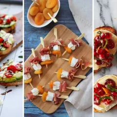 Des toasts avocat-tomate, des brochettes jambon-fromage-abricot et des bruschettas grenade-brie, parfaits pour un apéro dinatoire été.