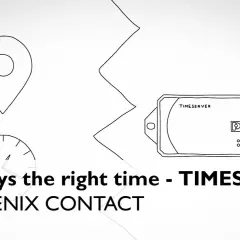 NTP Timeserver od PHOENIX CONTACT zapewnia zawsze idealny czas. Ikony lokalizacji i zegara podkreślają precyzję.