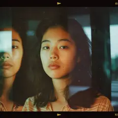A young woman's face is reflected in glass, with a subtle comparison between Portra 160 and 400 film tones.