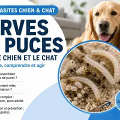 Zoom sur les larves de puces : ces vers blancs et petits œufs sont le début du cycle de vie des puces chez le chien et le chat.