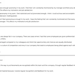 Open ended survey responses on autonomy, fairness, and recognition. Employees share feelings about job control, equitable treatment, and appreciation.
