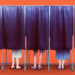 Wahlkabinen mit Menschenbeinen, die auf den Mehrheitswahlrecht Vorteile hinweisen.