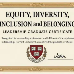 Harvard University DEI graduate certificate in Equity, Diversity, Inclusion, and Belonging Leadership.
