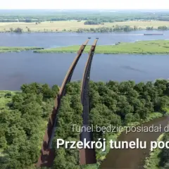 Wizualizacja tunelu pod Odrą, części zachodniej obwodnicy Szczecina. Dwie tuby tunelu przebiegają pod rzeką, otoczone zielenią.