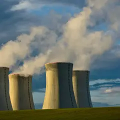 Chłodnie kominowe elektrowni jądrowej na tle burzowego nieba. Czy energia jądrowa jest ekologiczna? Dym unoszący się z kominów budzi pytania.