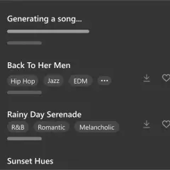 Lista piosenek polskich: "Back To Her Men" (Hip Hop, Jazz, EDM), "Rainy Day Serenade" (R&B, Romantic, Melancholic) i "Sunset Hues".