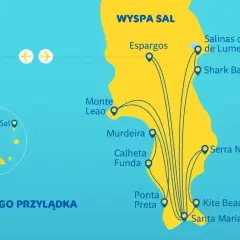 Mapa pokazuje, gdzie leżą Wyspy Zielonego Przylądka, ze szczególnym uwzględnieniem Wyspy Sal i jej atrakcji.