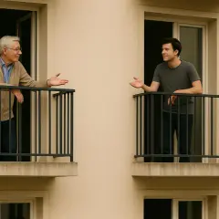 Deux voisins discutent sur leurs balcons, un échange qui pourrait illustrer les troubles du voisinage en droit français.