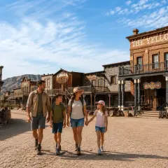 Familia pasea por el parque oasis Almería, un pueblo del oeste con edificios de madera y un saloon.