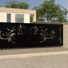 Nowoczesna, czarna brama wjazdowa z ażurowymi zdobieniami w kształcie liści i gałązek. Określenie jej wysokości jest kluczowe dla estetyki posesji.