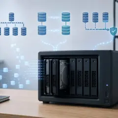 Netzwerkspeicher mit mehreren Festplattenschächten, der Daten in verschiedenen RAID-Versionen verarbeitet und schützt.
