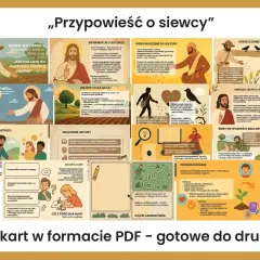 Przypowieść o siewcy: Jezus wyjaśnia, jak słowo Boże działa w sercach ludzi. Ilustracje pokazują różne rodzaje gleby i ich wpływ na wzrost ziarna.