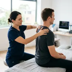 Thérapeute massant le dos d'un homme pour soulager une contracture musculaire.