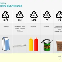 Oznaczenia plastików: PET, HDPE, PVC, LDPE, PP (pp 5 plastik), PS, Inne. Wśród nich pp 5 plastik jest bezpieczny.