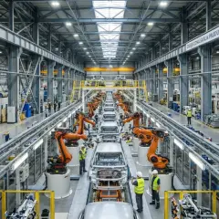 Nowoczesna hala produkcyjna, gdzie roboty pracują nad montażem samochodów. To przykład zaawansowanej automotive produkcji.