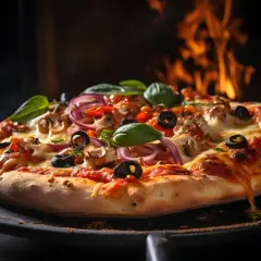 Pyszna pizza z pieczarkami, oliwkami i cebulą, skąpana w ogniu pieca. To właśnie **la dolce vita co to znaczy** – smak prawdziwego, włoskiego życia.