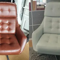 Avant/après : fauteuil marron transformé en fauteuil gris clair. Quelle peinture pour tissu a été utilisée pour ce relooking ?