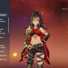 Dehya z Genshin Impact w stroju bojowym, z widocznymi umiejętnościami "Molten Inferno" i "Indomitable Flame".