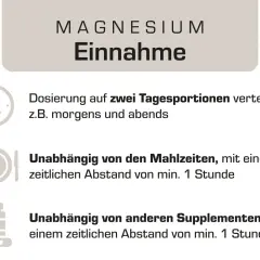 Magnesium-Einnahme: auf zwei Portionen verteilen, unabhängig von Mahlzeiten & anderen Supplementen, um Wechselwirkungen zu vermeiden.