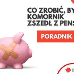 Różowa świnka-skarbonka z plastrem na boku. Tekst: "Co zrobić, by komornik zszedł z pensji?". Poradnik.