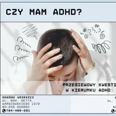 Kobieta z rękami na głowie, otoczona chaotycznymi rysunkami, symbolizującymi trudności z koncentracją. Pytanie "Czy mam ADHD?" i kwestionariusz ASRS 1.1.