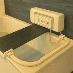 Ein schwenkbarer Badewannenlifter mit Bedienfeld, der die Krankenkasse unterstützt, erleichtert das Baden.