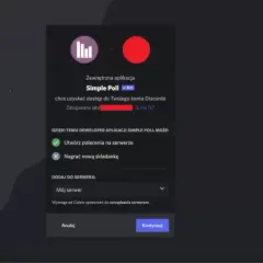 Ekran autoryzacji bota Simple Poll na Discordzie. Dowiedz się, jak zrobic ankiete na Discordzie, dodając bota do swojego serwera.