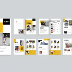 A vibrant product catalogue template showcasing fashion items like jeans, t-shirts, shoes, and sunglasses.