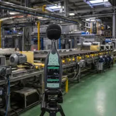 Medidor de ruido en fábrica. El dispositivo registra 79.4 dB, indicando un nivel de dba ruido considerable en la línea de producción.