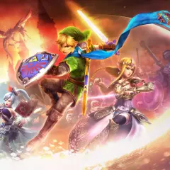 Link, Zelda i inni bohaterowie walczą z potworami w świecie The Legend of Zelda: A Link to the Past. Smoki i rycerze w tle.