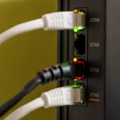 Wtyczki Ethernet w routerze. Zielone i czerwone diody sygnalizują połączenie. Jak sprawdzić czy jest światłowód w bloku? Sprawdź diody na routerze.