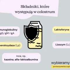 Colostrum zawiera cenne składniki, w tym immunoglobuliny (IgG, IgM, IgA), laktoferynę, lizozym i inne.