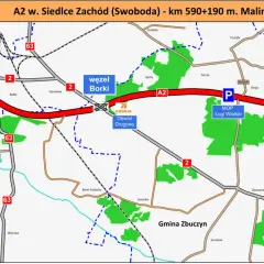 Mapa autostrady A2 w okolicach Siedlec i Białej Podlaskiej, z zaznaczonym węzłem Borki i MOP Ługi Wielkie.