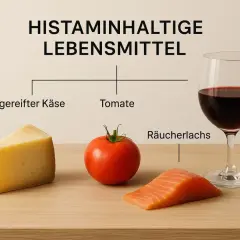 Bei Histaminintoleranz was nicht essen: gereifter Käse, Tomate, Räucherlachs und Rotwein meiden.