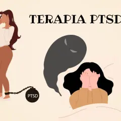 Kobieta z kajdanami na nodze z napisem PTSD, symbolizującymi zespół stresu pourazowego, walczy z mrocznym cieniem.