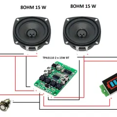 Schemat połączeń do zrobienia głośniki bluetooth: moduł TPA3110, głośniki 8Ohm 15W, przycisk i wskaźnik baterii.