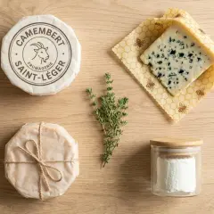 Un camembert, un fromage bleu, du fromage de chèvre et du thym sur fond de bois. Idéal pour un plateau de fromage ou un fromage burger.